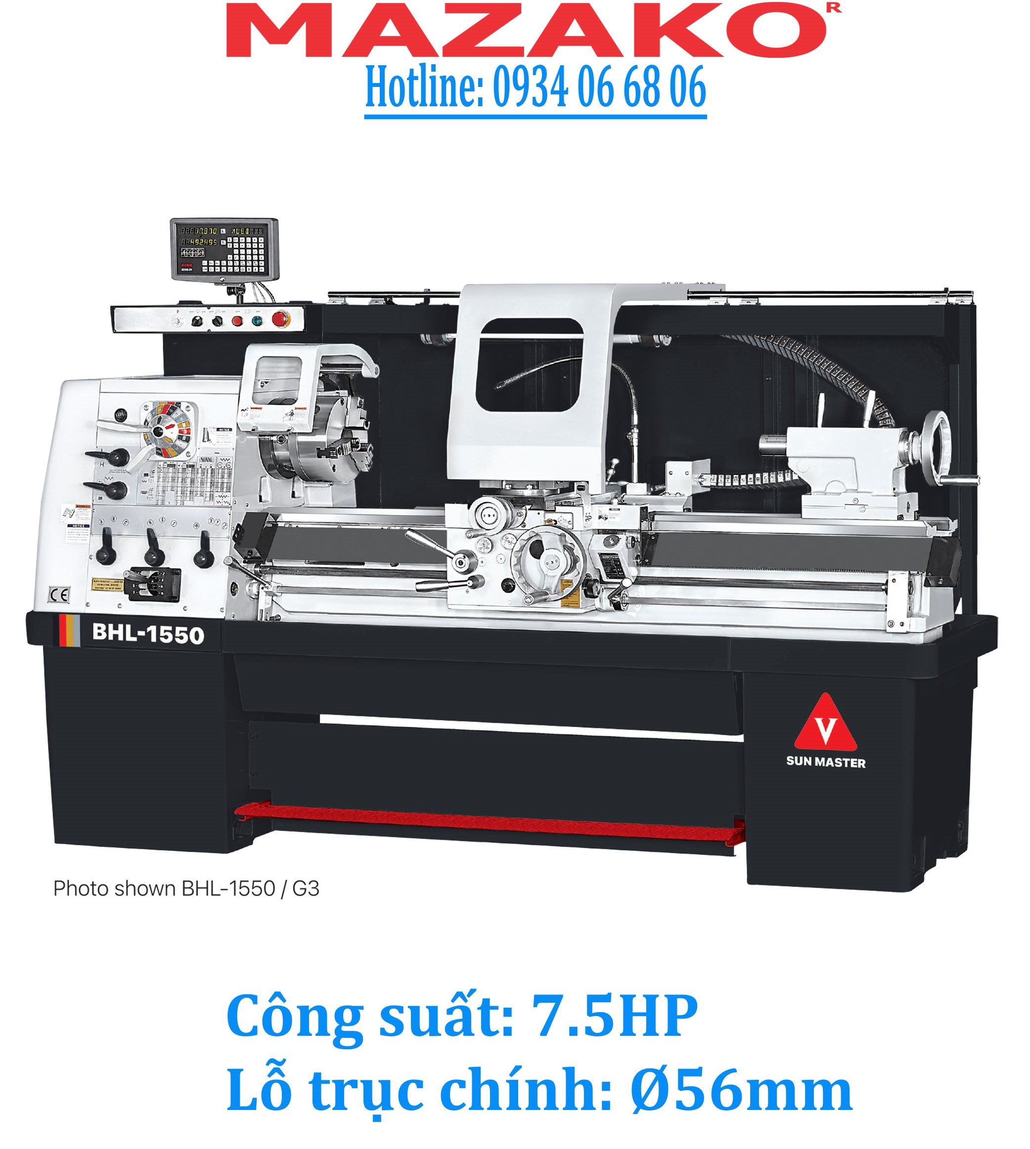 BHL-1550 Máy tiện vạn năng, máy tiện Sunmaster BHL-1550, Công suất 7.5HP, Lỗ trục Ø56mm